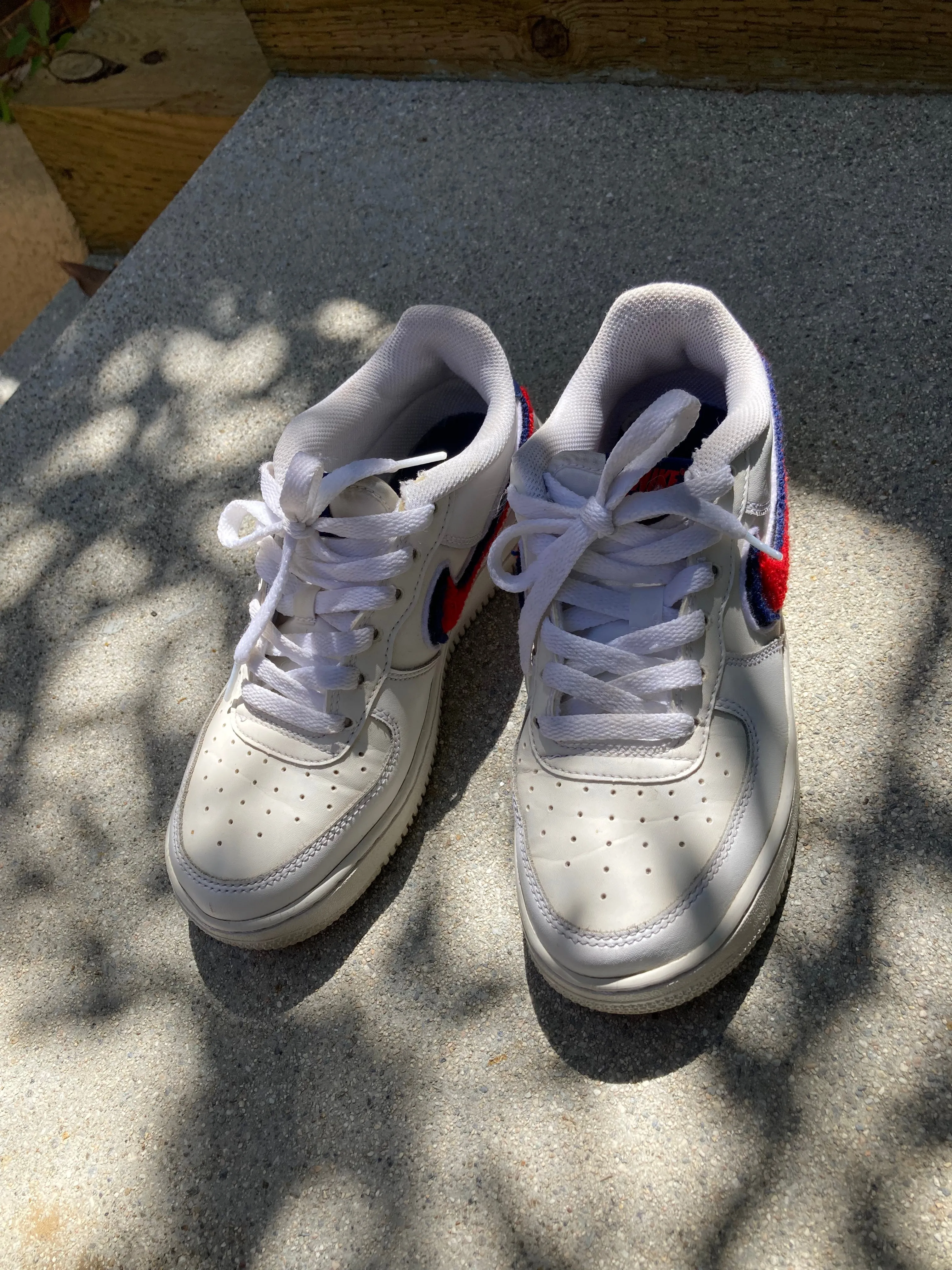 White Nike Air Force 1 with Red and Blue "Chenille Swoosh" size 6.5 Women's