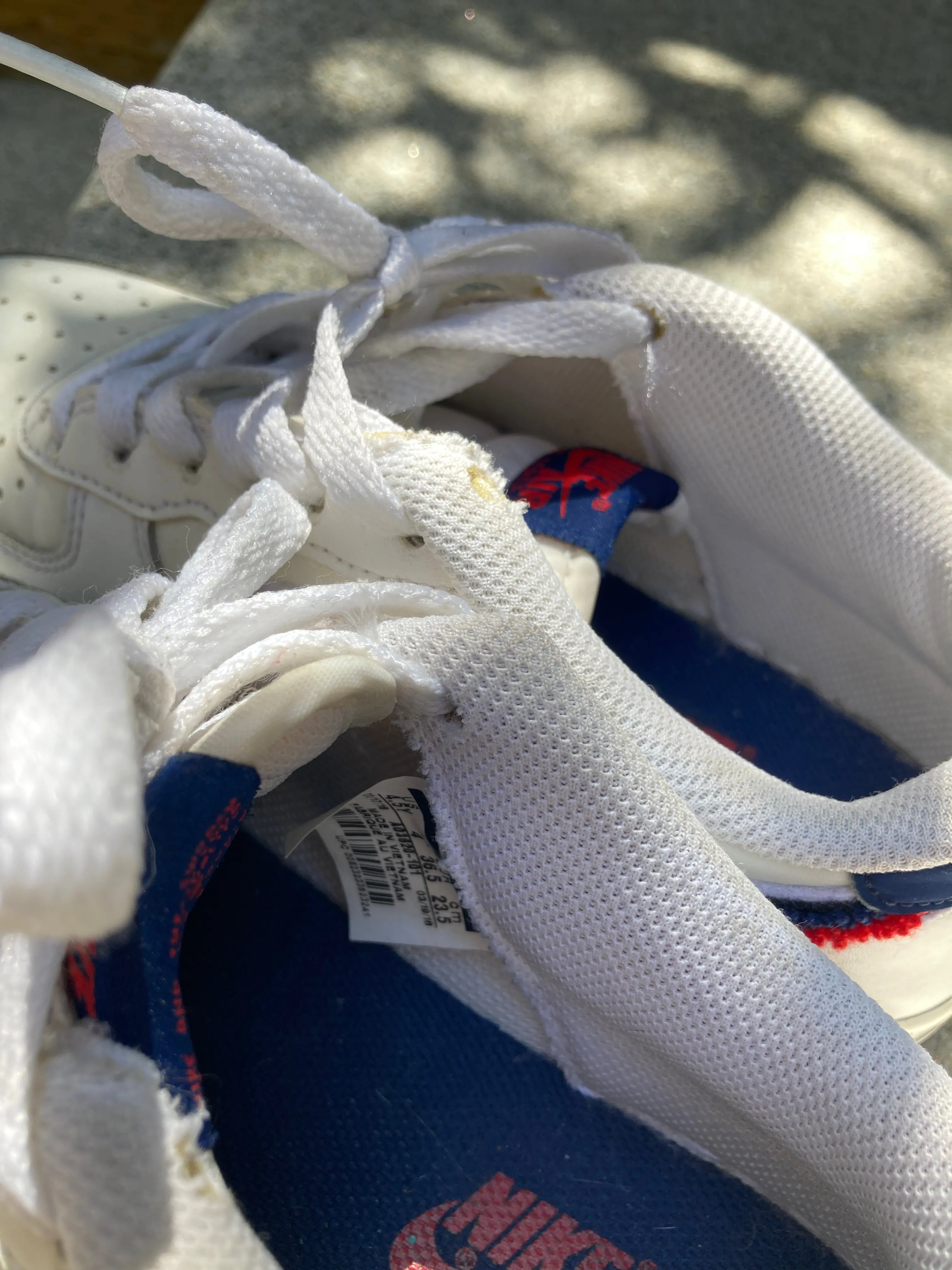 White Nike Air Force 1 with Red and Blue "Chenille Swoosh" size 6.5 Women's