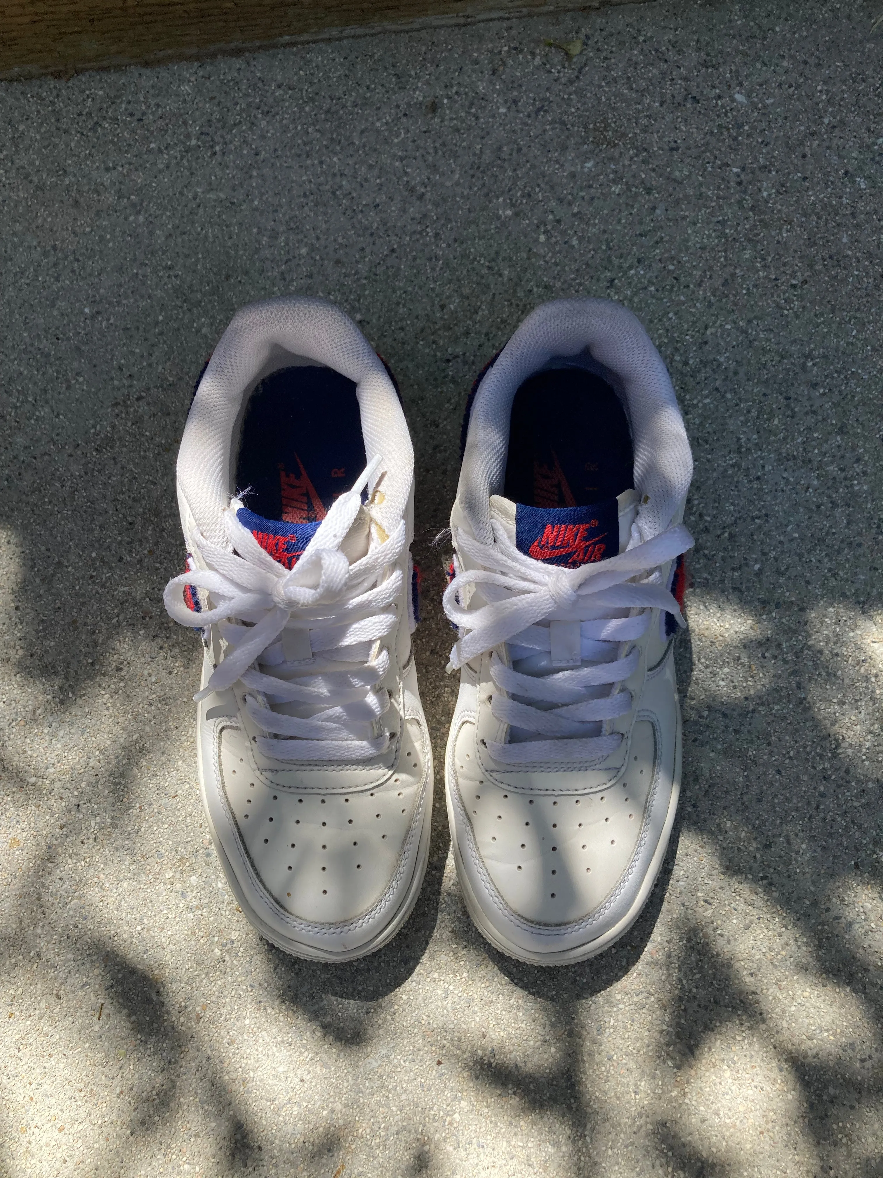 White Nike Air Force 1 with Red and Blue "Chenille Swoosh" size 6.5 Women's