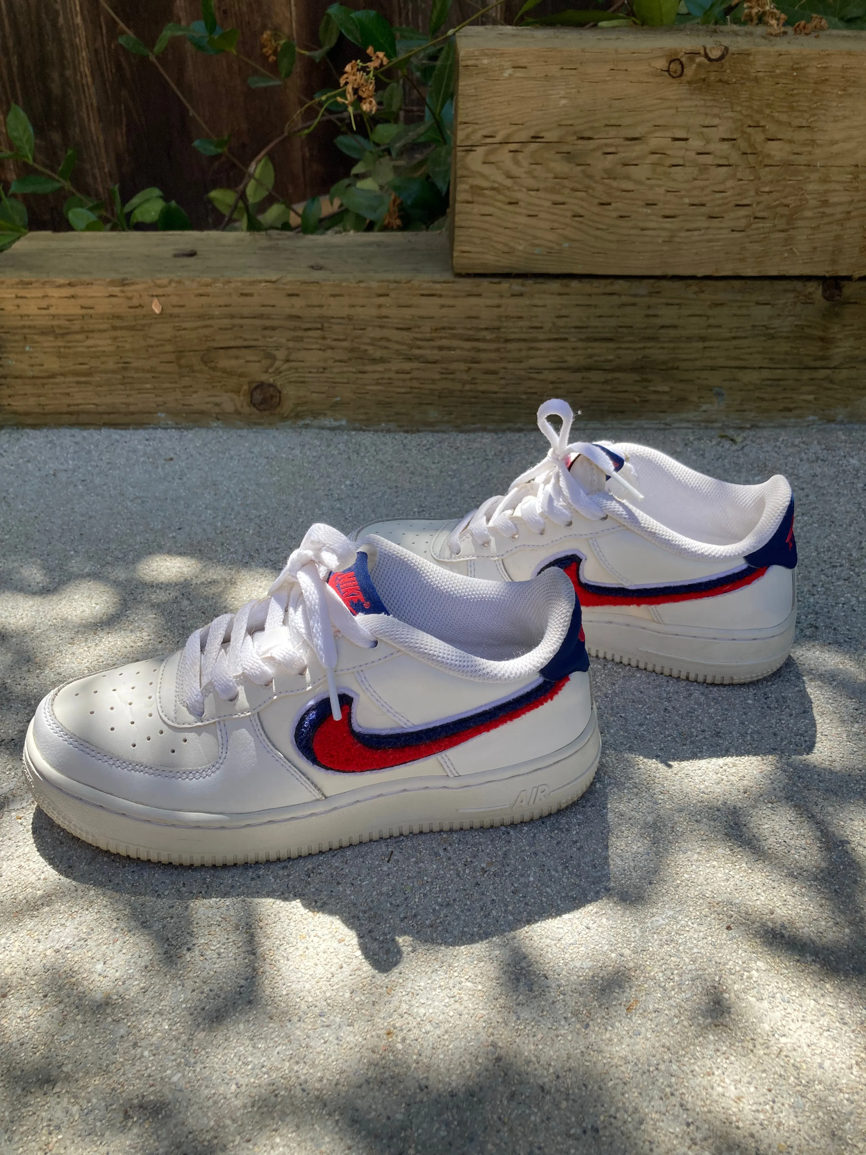 White Nike Air Force 1 with Red and Blue "Chenille Swoosh" size 6.5 Women's