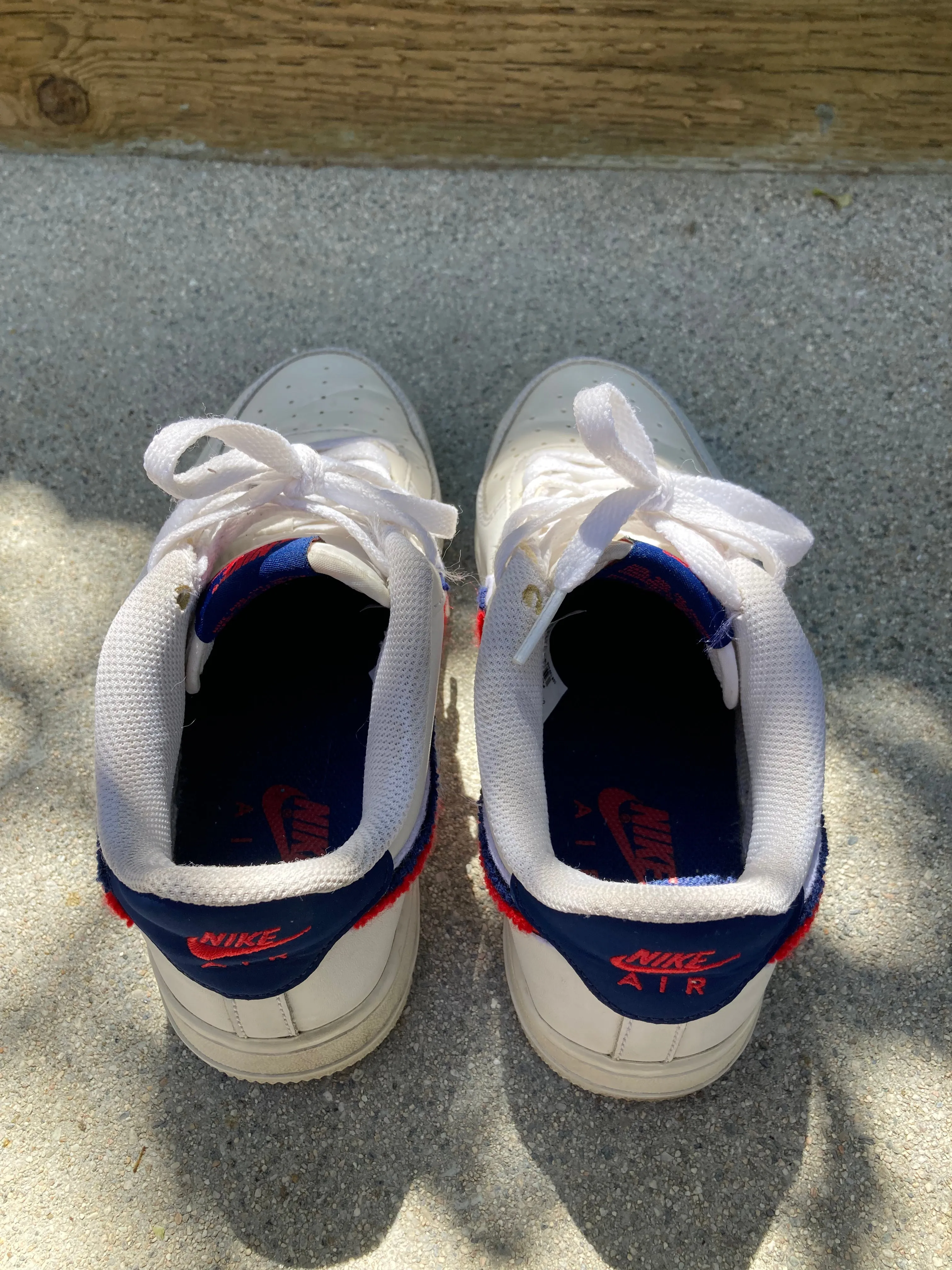 White Nike Air Force 1 with Red and Blue "Chenille Swoosh" size 6.5 Women's