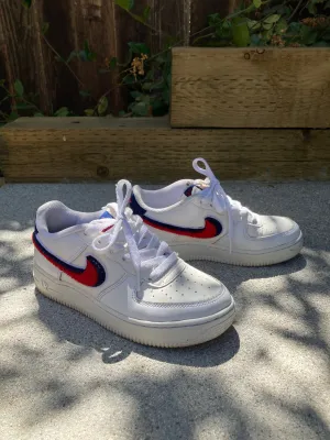 White Nike Air Force 1 with Red and Blue "Chenille Swoosh" size 6.5 Women's