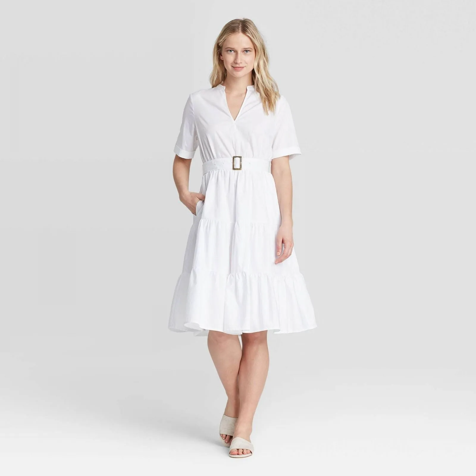Who What Wear Women's Short Sleeve Belted Tiered Dress 78412667 White M
