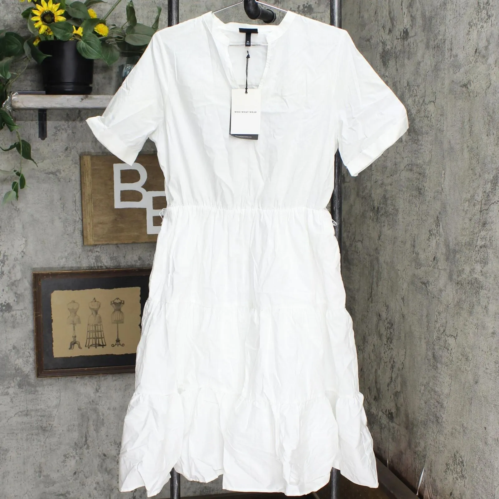 Who What Wear Women's Short Sleeve Belted Tiered Dress 78412667 White M