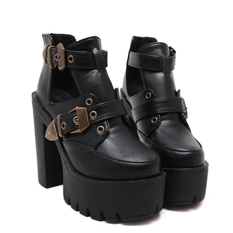 Woman Hollow Out Platform Ankle Boots Shoes Black
