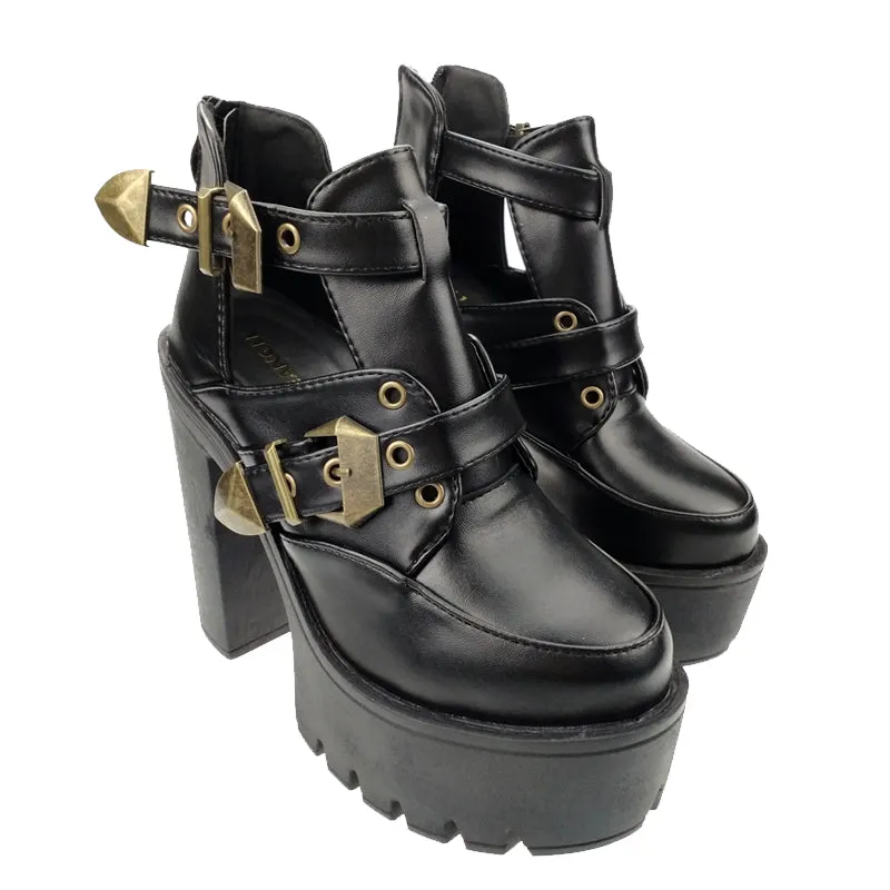 Woman Hollow Out Platform Ankle Boots Shoes Black