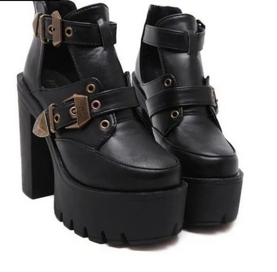 Woman Hollow Out Platform Ankle Boots Shoes Black