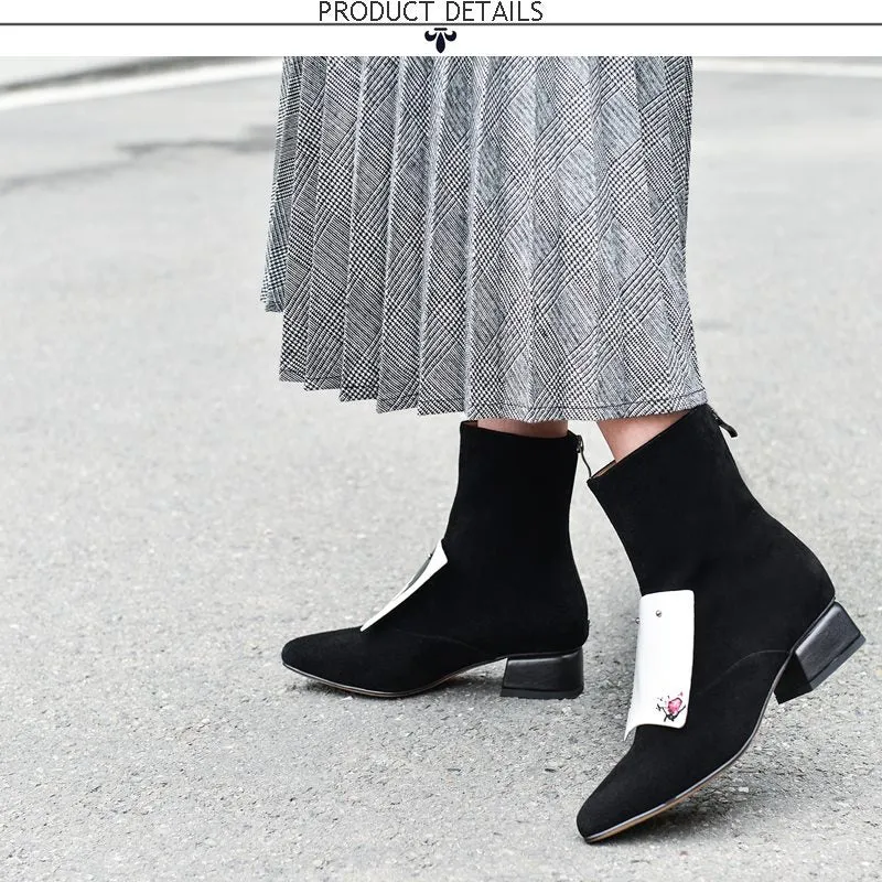 women shoes winter new fashion pointed toe genuine leather ankle boots women mid heels plus size zip shoes