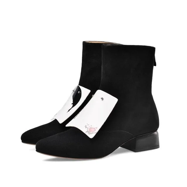 women shoes winter new fashion pointed toe genuine leather ankle boots women mid heels plus size zip shoes