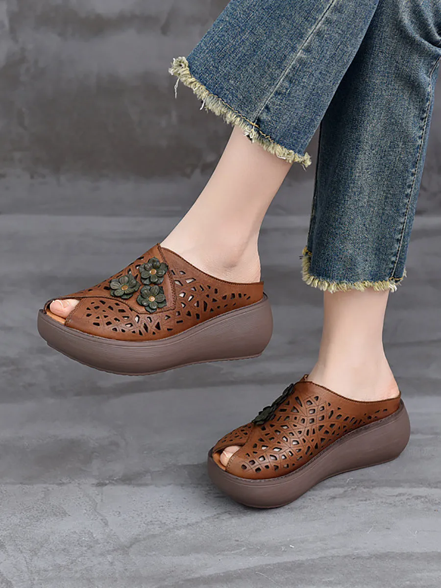 Women Summer Leather Hollow Out Flower Platform Slippers