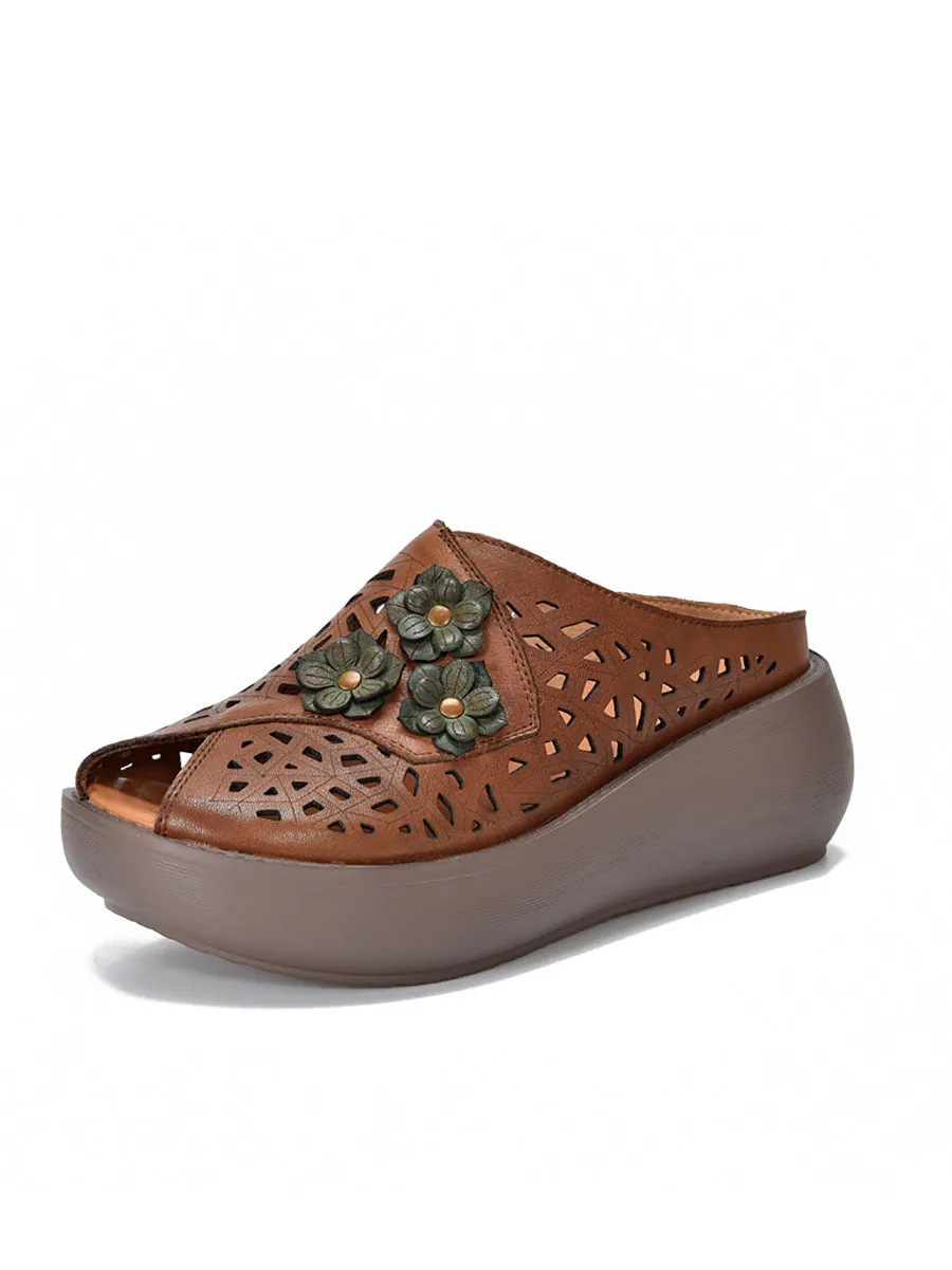 Women Summer Leather Hollow Out Flower Platform Slippers