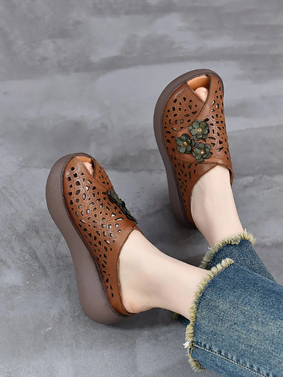Women Summer Leather Hollow Out Flower Platform Slippers
