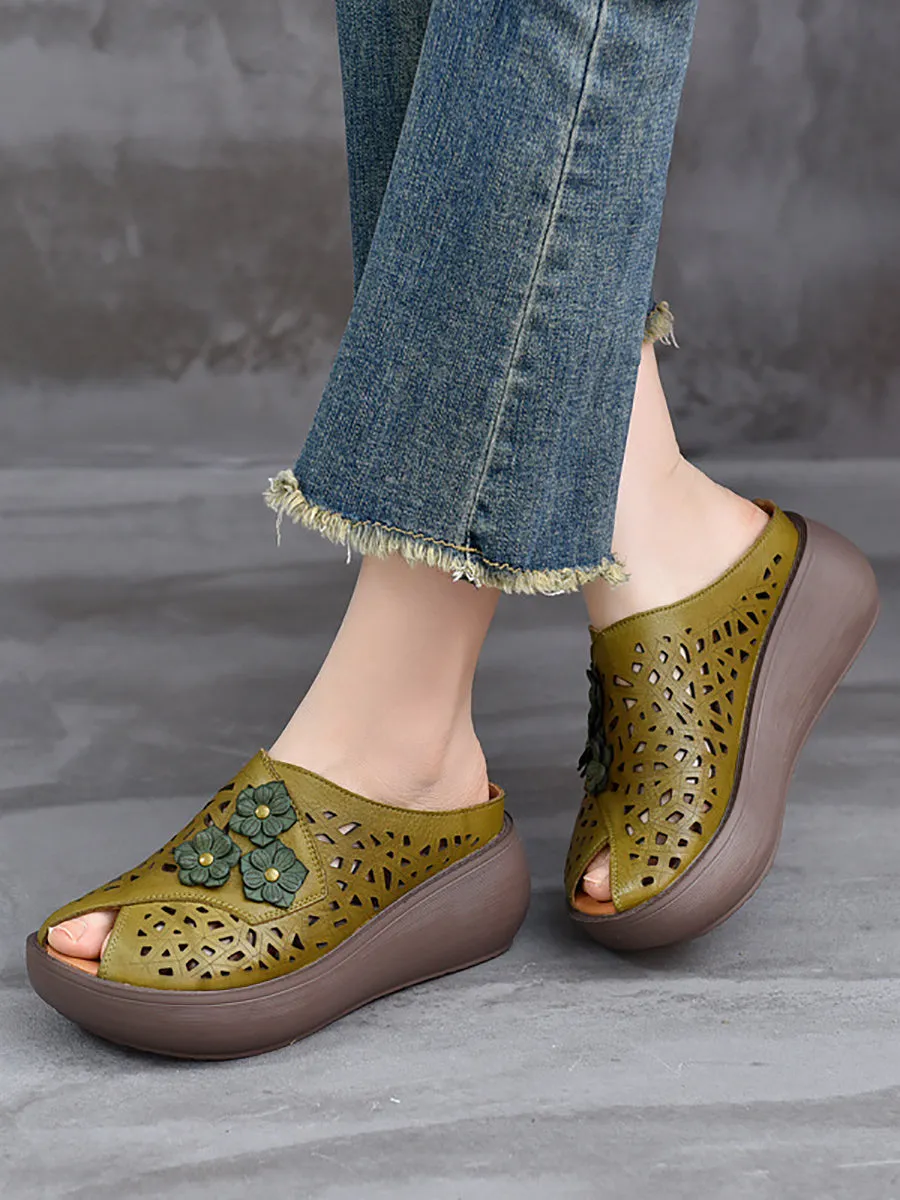 Women Summer Leather Hollow Out Flower Platform Slippers