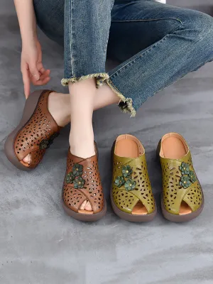 Women Summer Leather Hollow Out Flower Platform Slippers