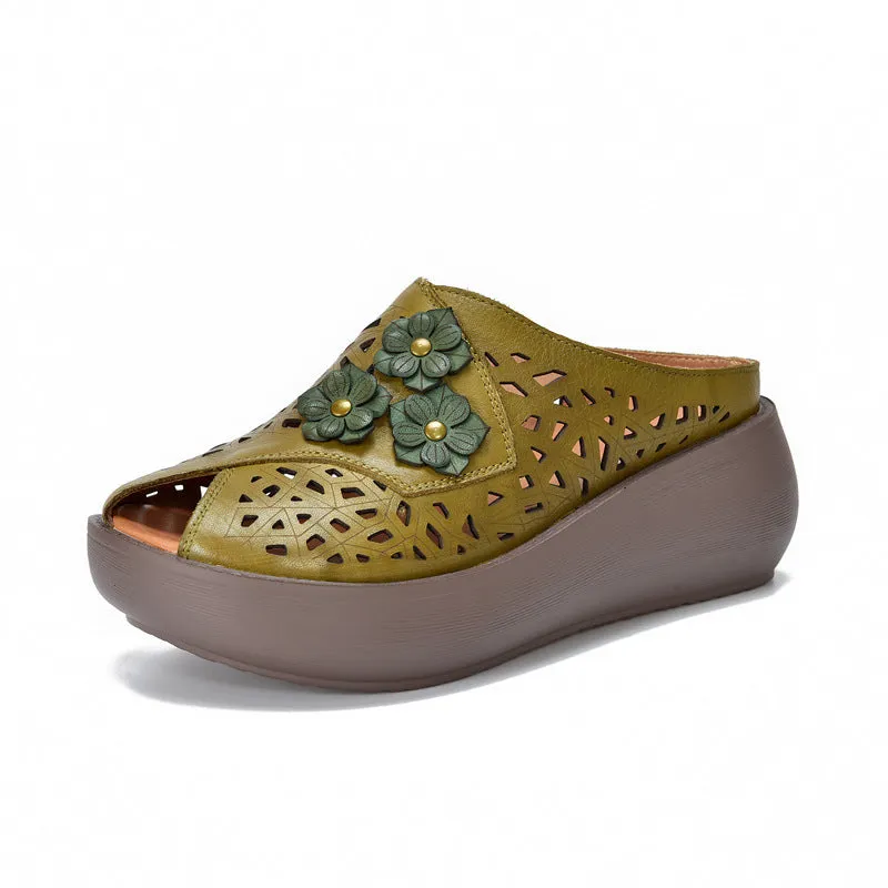 Women Summer Leather Hollow Out Flower Platform Slippers