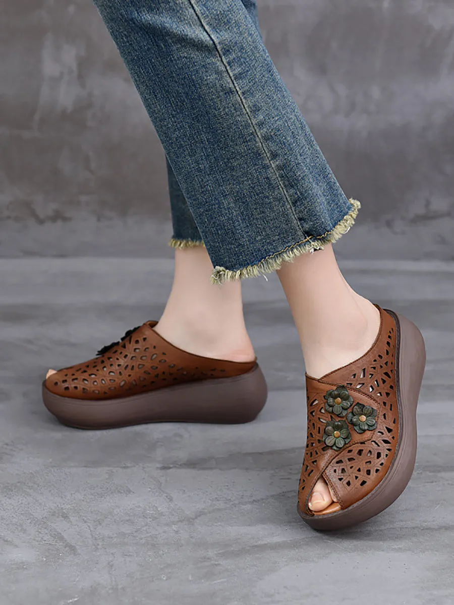 Women Summer Leather Hollow Out Flower Platform Slippers
