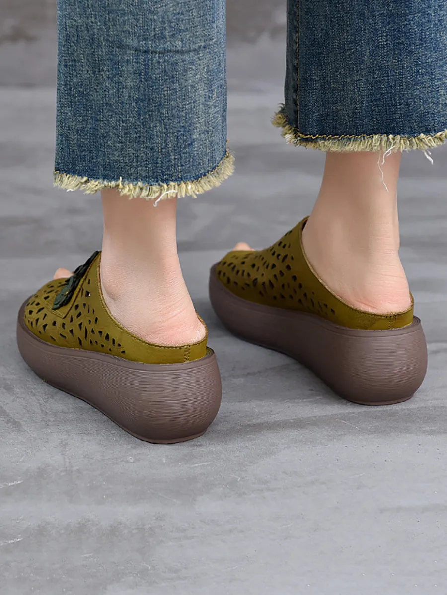Women Summer Leather Hollow Out Flower Platform Slippers