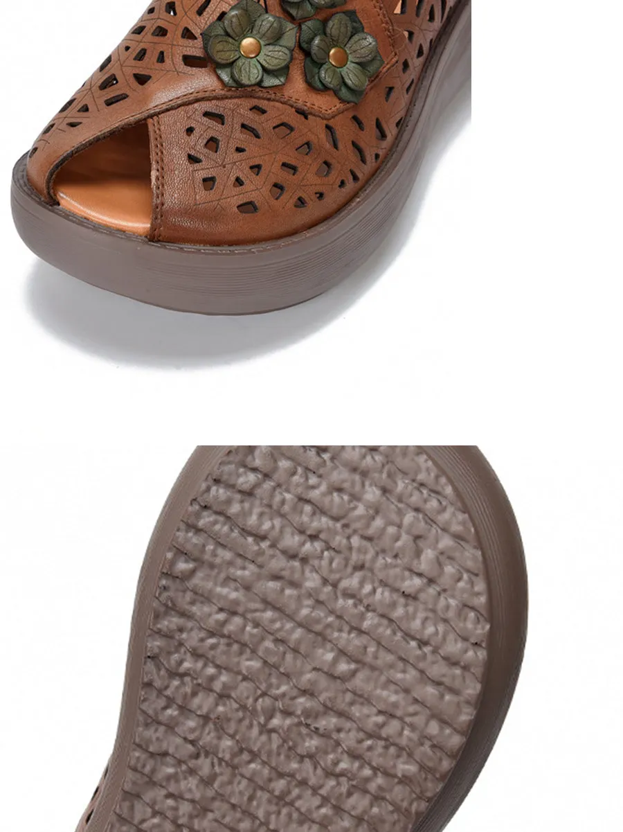 Women Summer Leather Hollow Out Flower Platform Slippers