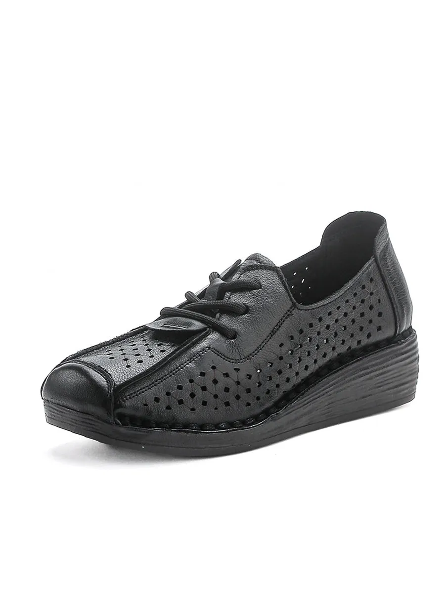 Women Vintage Genuine Leather Hollow Out Platform Shoes