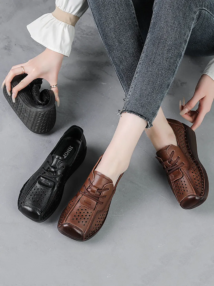 Women Vintage Genuine Leather Hollow Out Platform Shoes