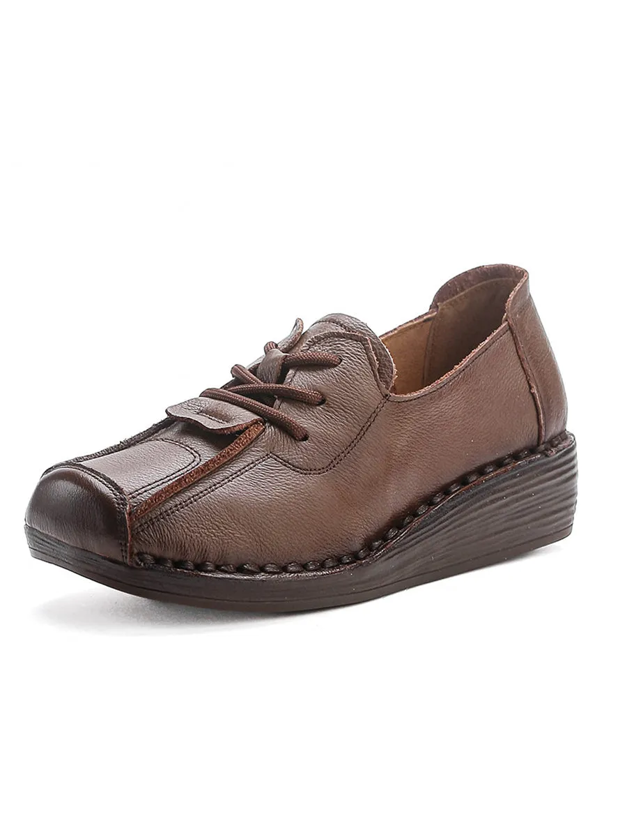 Women Vintage Genuine Leather Hollow Out Platform Shoes
