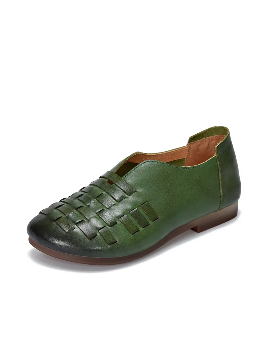 Women Vintage Genuine Leather Weave Low Heel Shoes