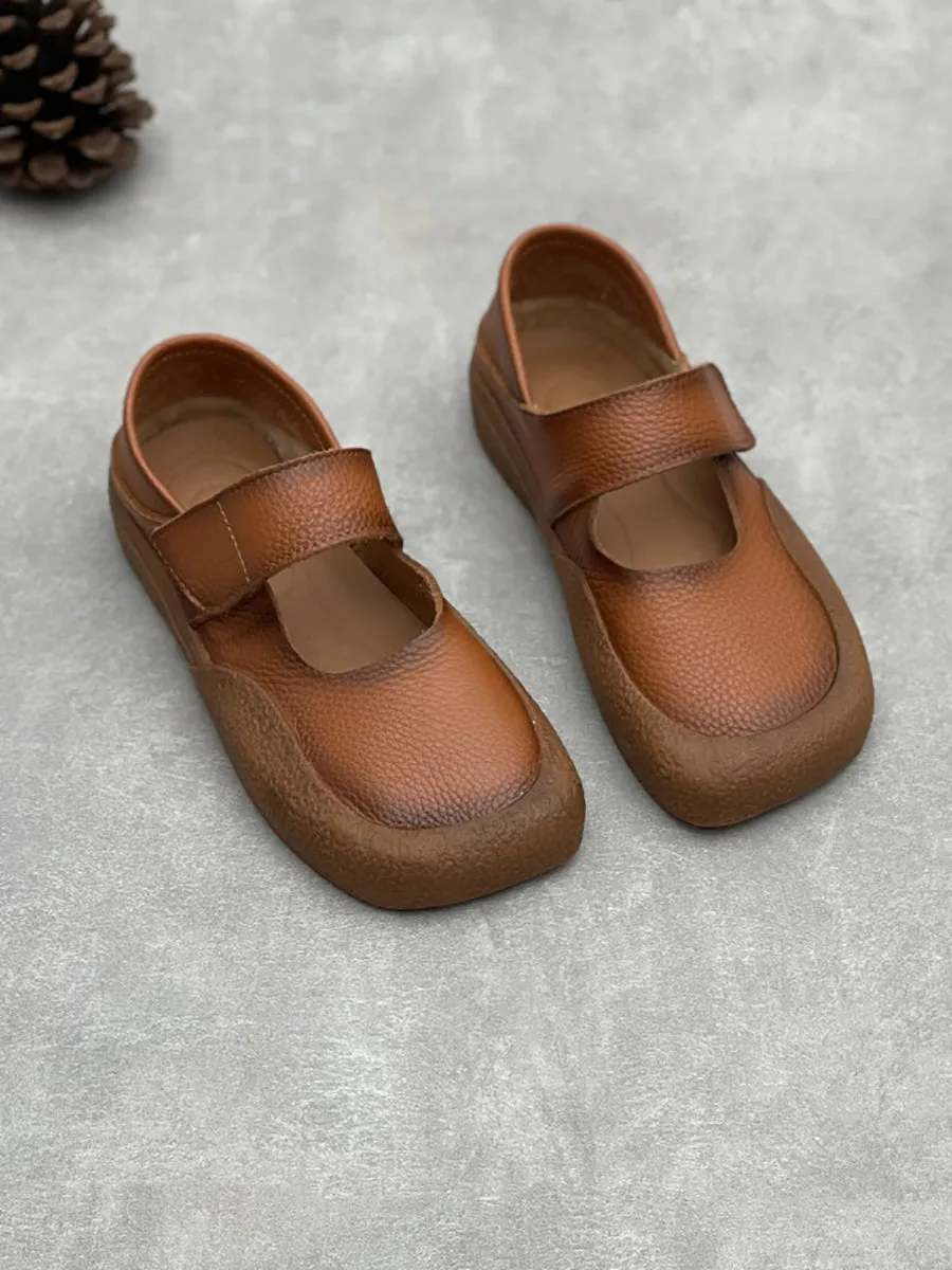 Women Vintage Summer Leather Square Toe Shoes
