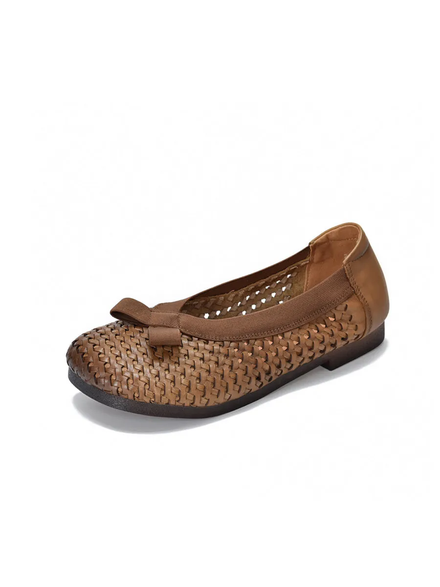 Women Vintage Summer Leather Weave Low Heel Shoes