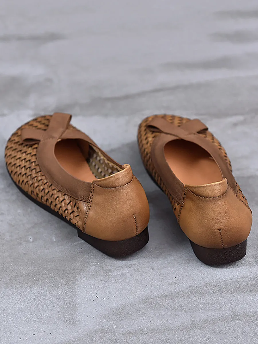 Women Vintage Summer Leather Weave Low Heel Shoes