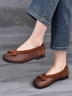 Women Vintage Summer Leather Weave Low Heel Shoes