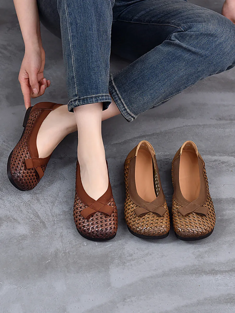 Women Vintage Summer Leather Weave Low Heel Shoes