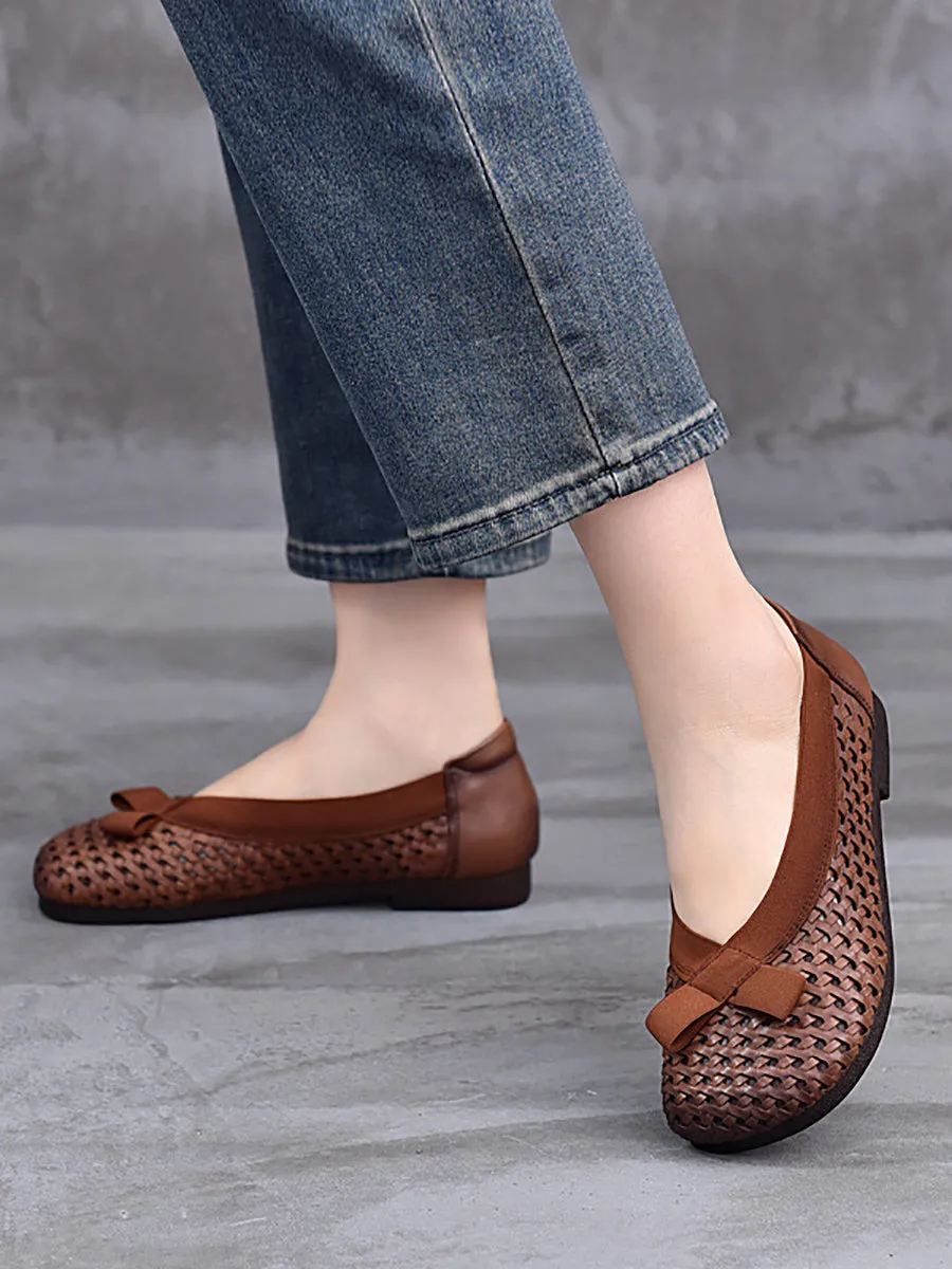 Women Vintage Summer Leather Weave Low Heel Shoes