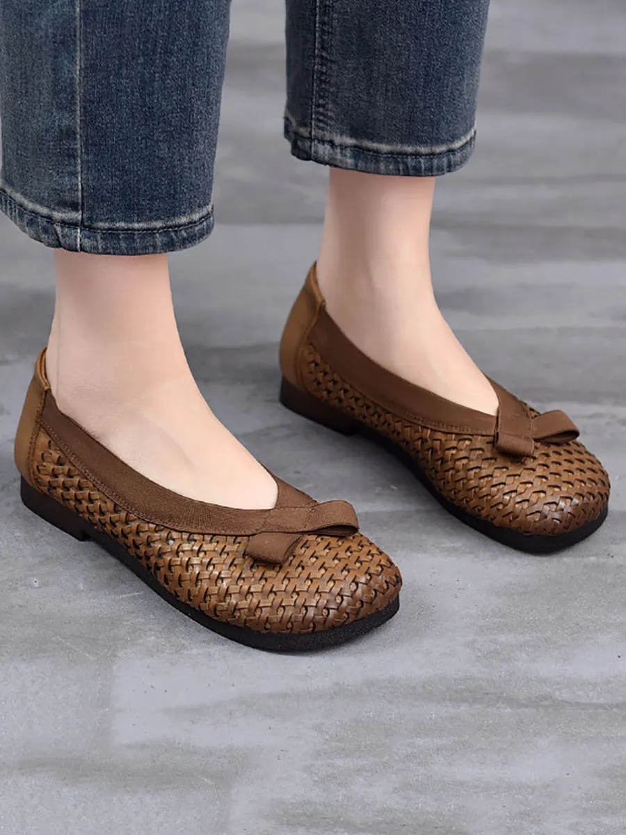 Women Vintage Summer Leather Weave Low Heel Shoes