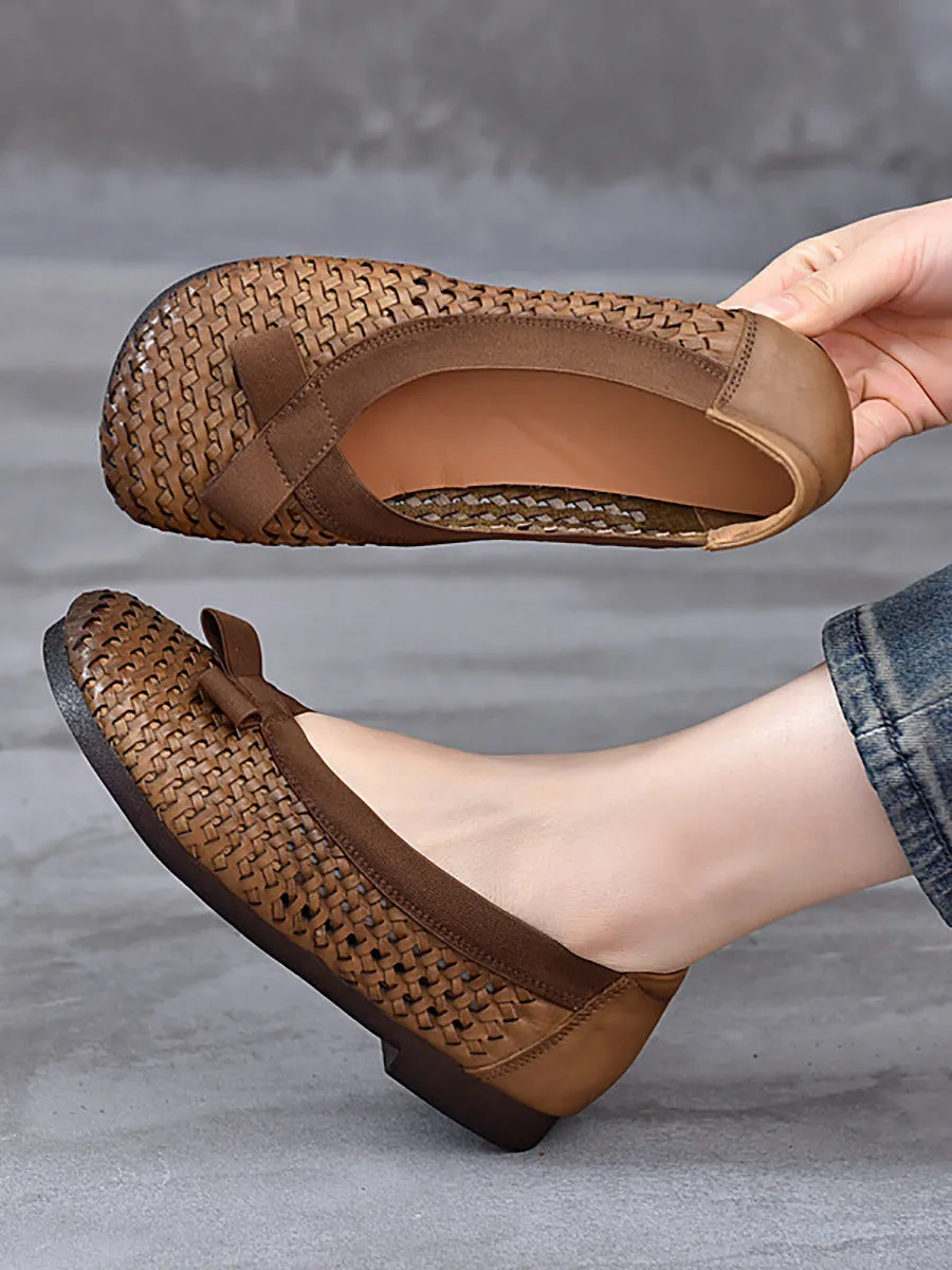 Women Vintage Summer Leather Weave Low Heel Shoes