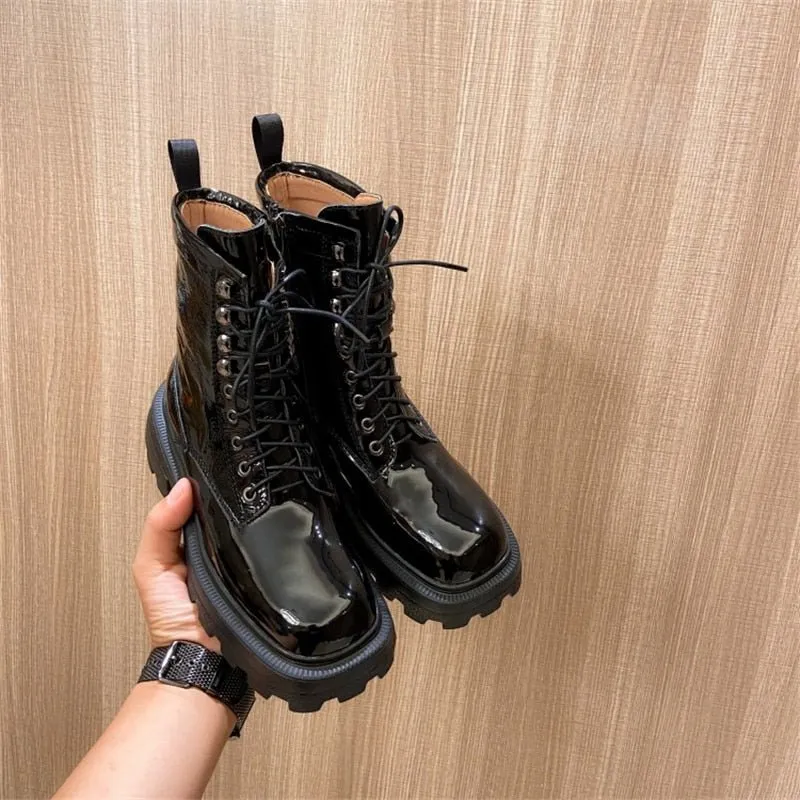 Women Zipper Platform Genuine Leather  Motorcycle Shoes