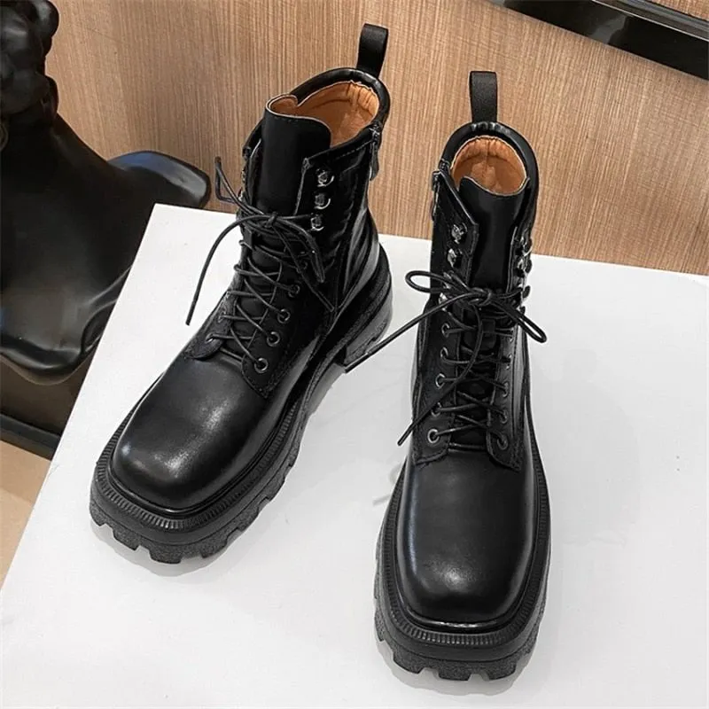 Women Zipper Platform Genuine Leather  Motorcycle Shoes