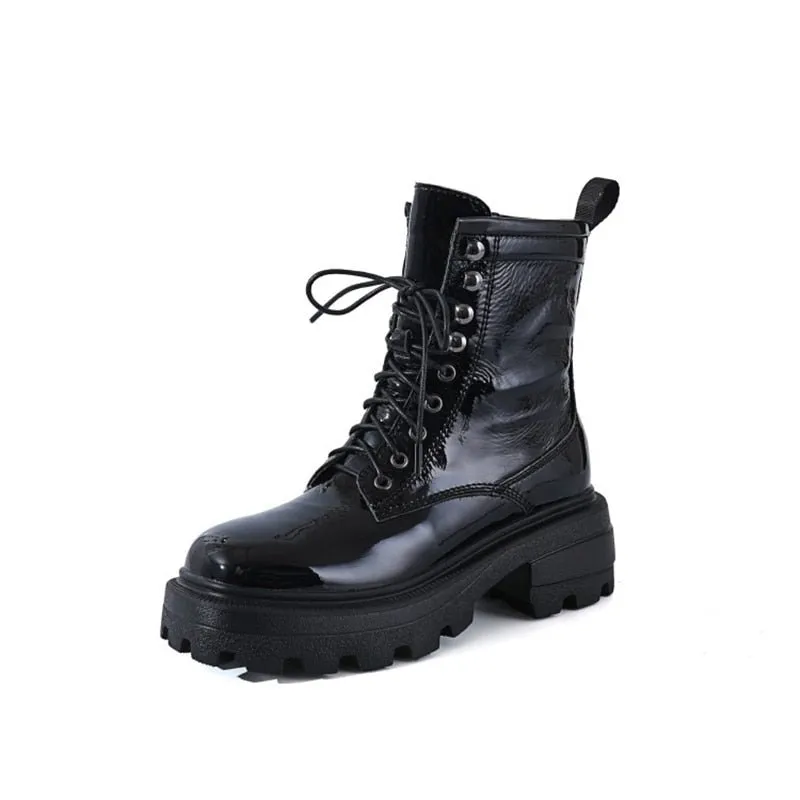 Women Zipper Platform Genuine Leather  Motorcycle Shoes