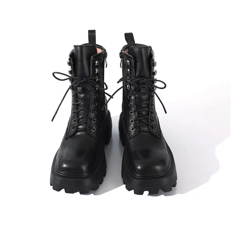 Women Zipper Platform Genuine Leather  Motorcycle Shoes