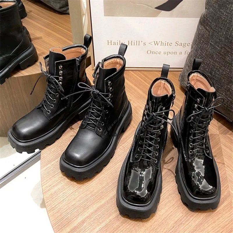 Women Zipper Platform Genuine Leather  Motorcycle Shoes
