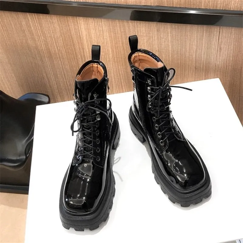 Women Zipper Platform Genuine Leather  Motorcycle Shoes