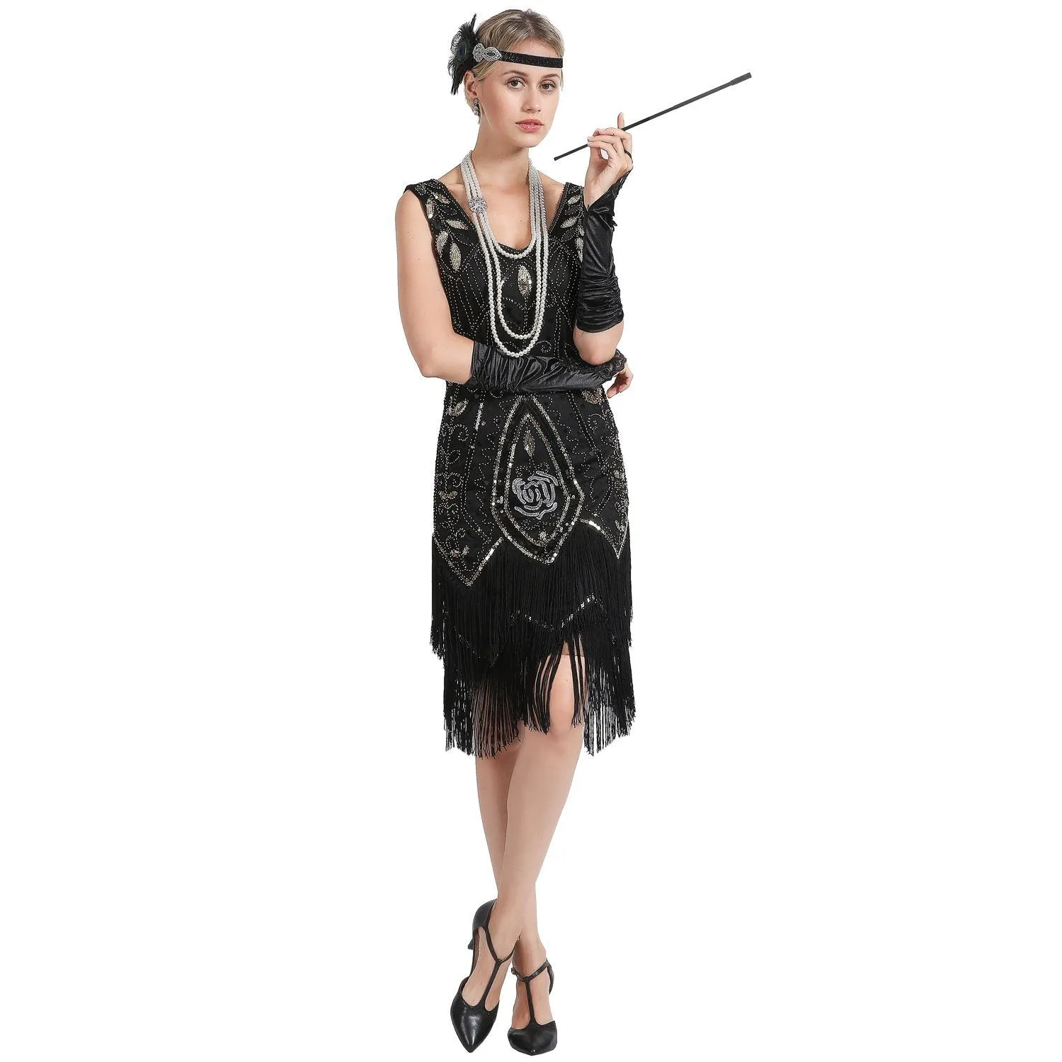 Women's 20s Multilayer Faux Pearls Flapper Long Necklace Earrings Set |JaosWish