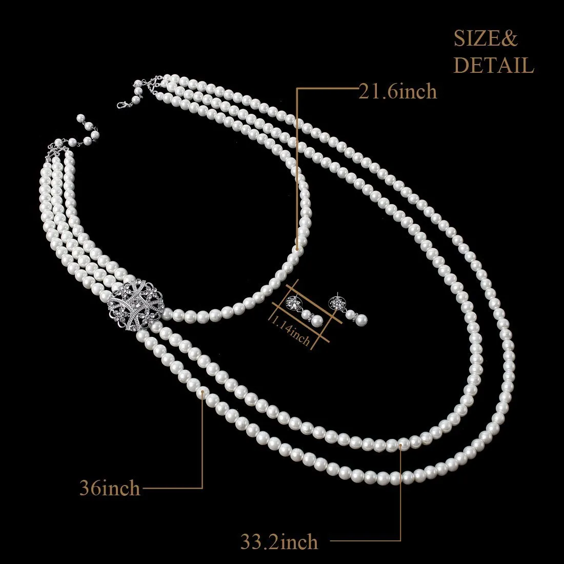 Women's 20s Multilayer Faux Pearls Flapper Long Necklace Earrings Set |JaosWish