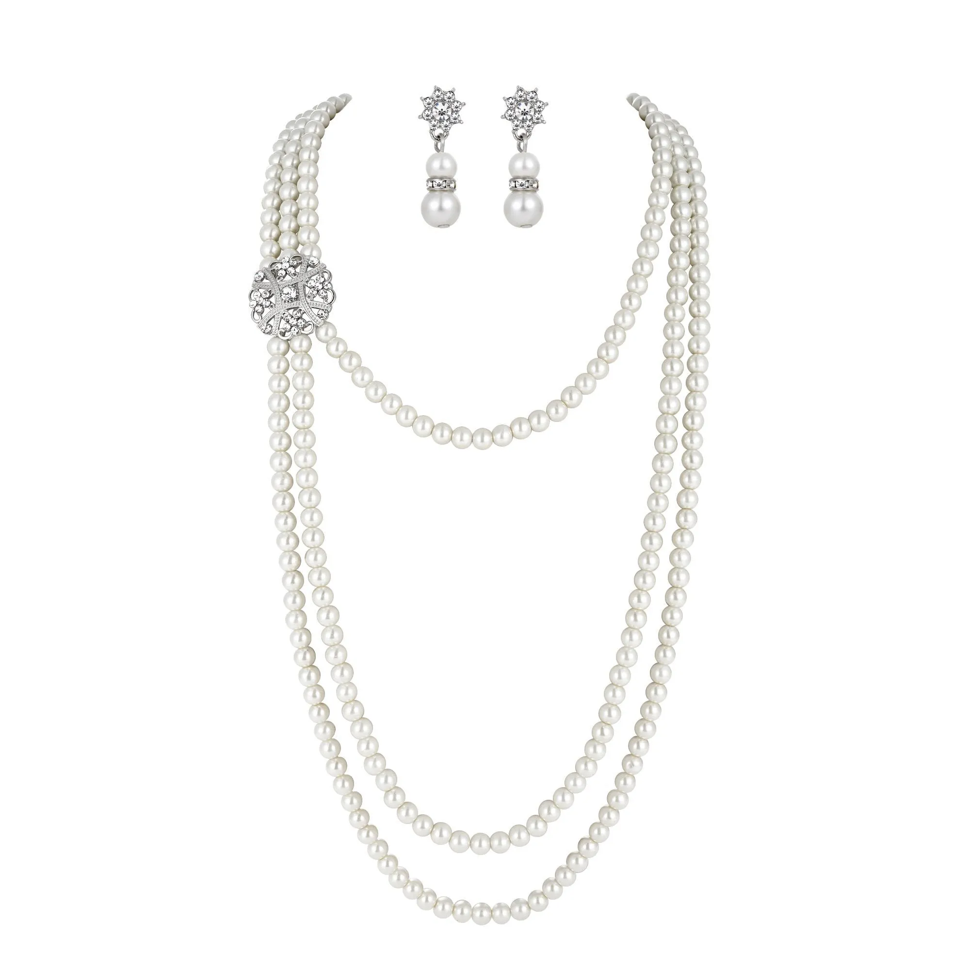 Women's 20s Multilayer Faux Pearls Flapper Long Necklace Earrings Set |JaosWish