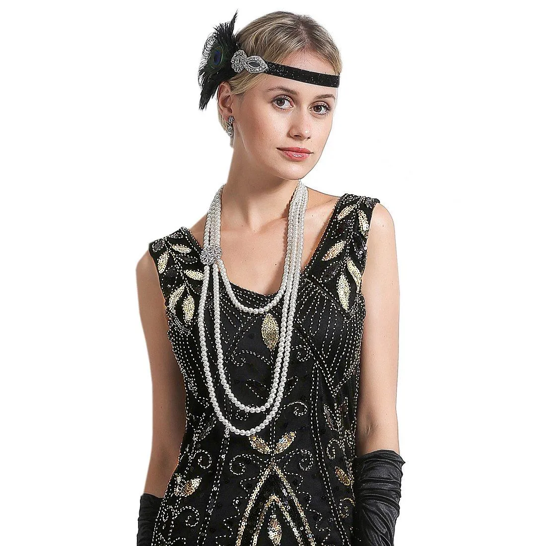 Women's 20s Multilayer Faux Pearls Flapper Long Necklace Earrings Set |JaosWish