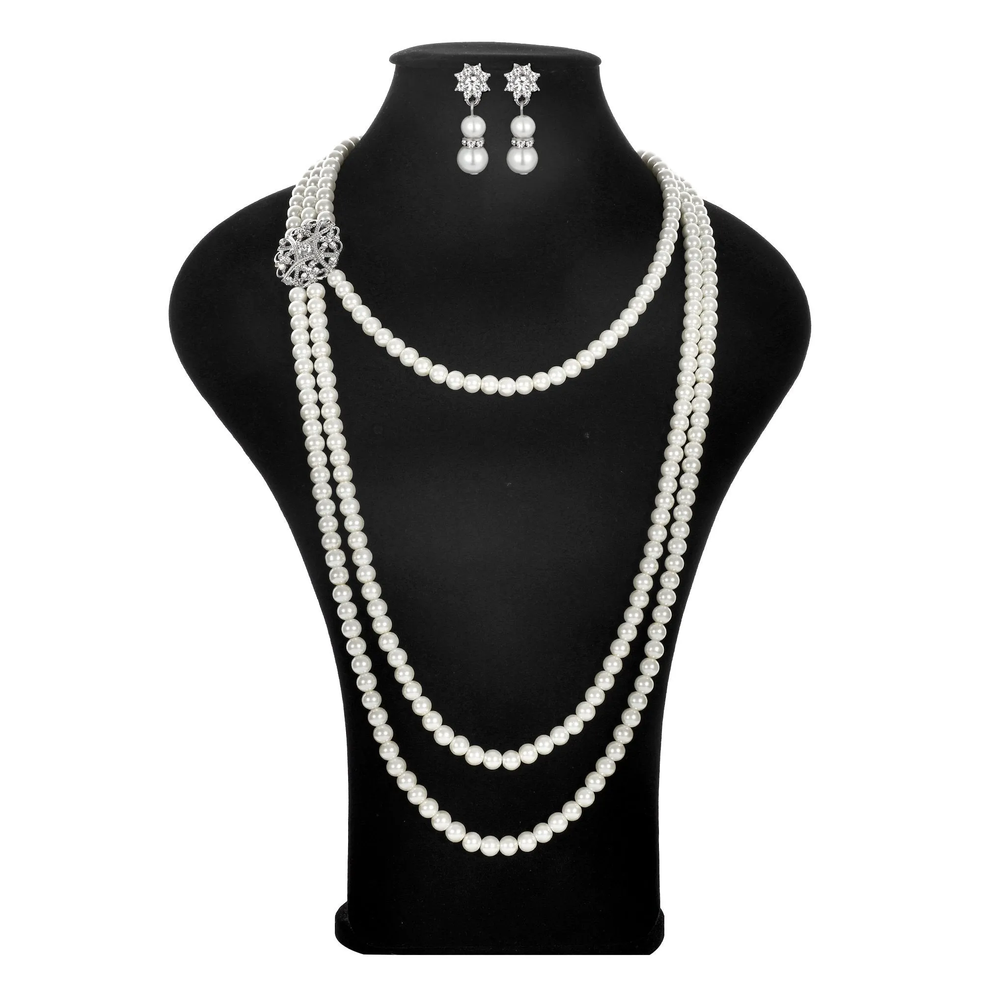 Women's 20s Multilayer Faux Pearls Flapper Long Necklace Earrings Set |JaosWish