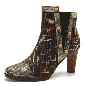 Womens Boots Gold Genuine Leather Splicing Cozy High Heel Ankle Boots Elegant Shoes Women Shoes Botas Mujer