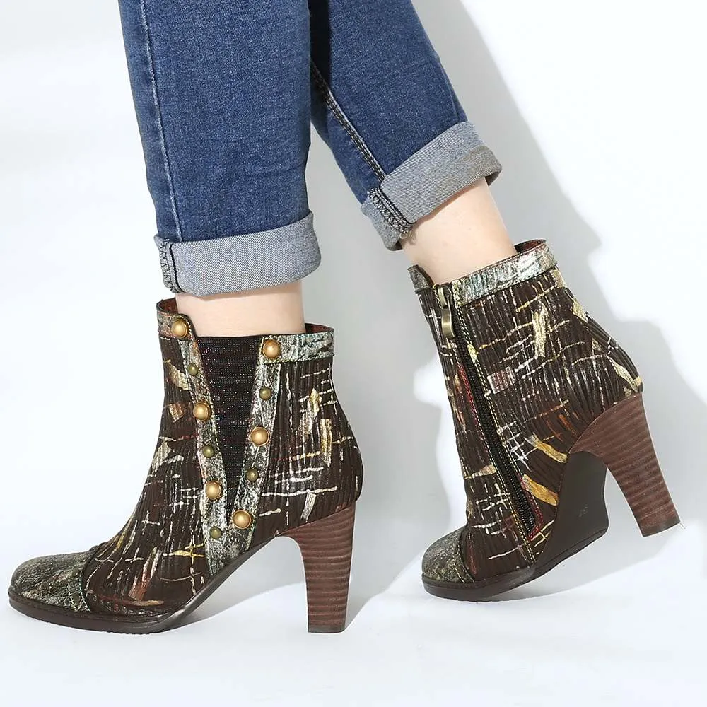 Womens Boots Gold Genuine Leather Splicing Cozy High Heel Ankle Boots Elegant Shoes Women Shoes Botas Mujer