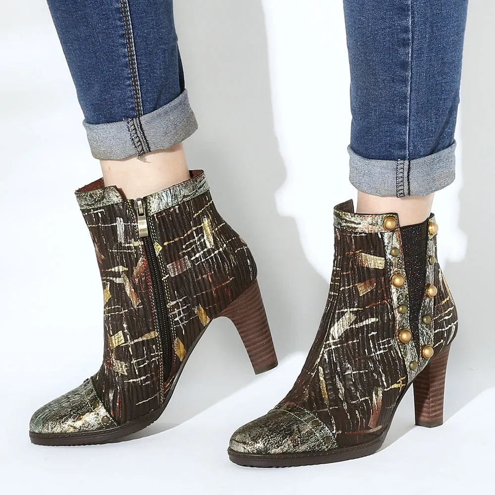 Womens Boots Gold Genuine Leather Splicing Cozy High Heel Ankle Boots Elegant Shoes Women Shoes Botas Mujer