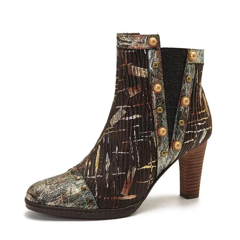 Womens Boots Gold Genuine Leather Splicing Cozy High Heel Ankle Boots Elegant Shoes Women Shoes Botas Mujer