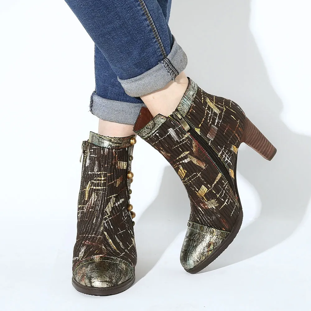 Womens Boots Gold Genuine Leather Splicing Cozy High Heel Ankle Boots Elegant Shoes Women Shoes Botas Mujer